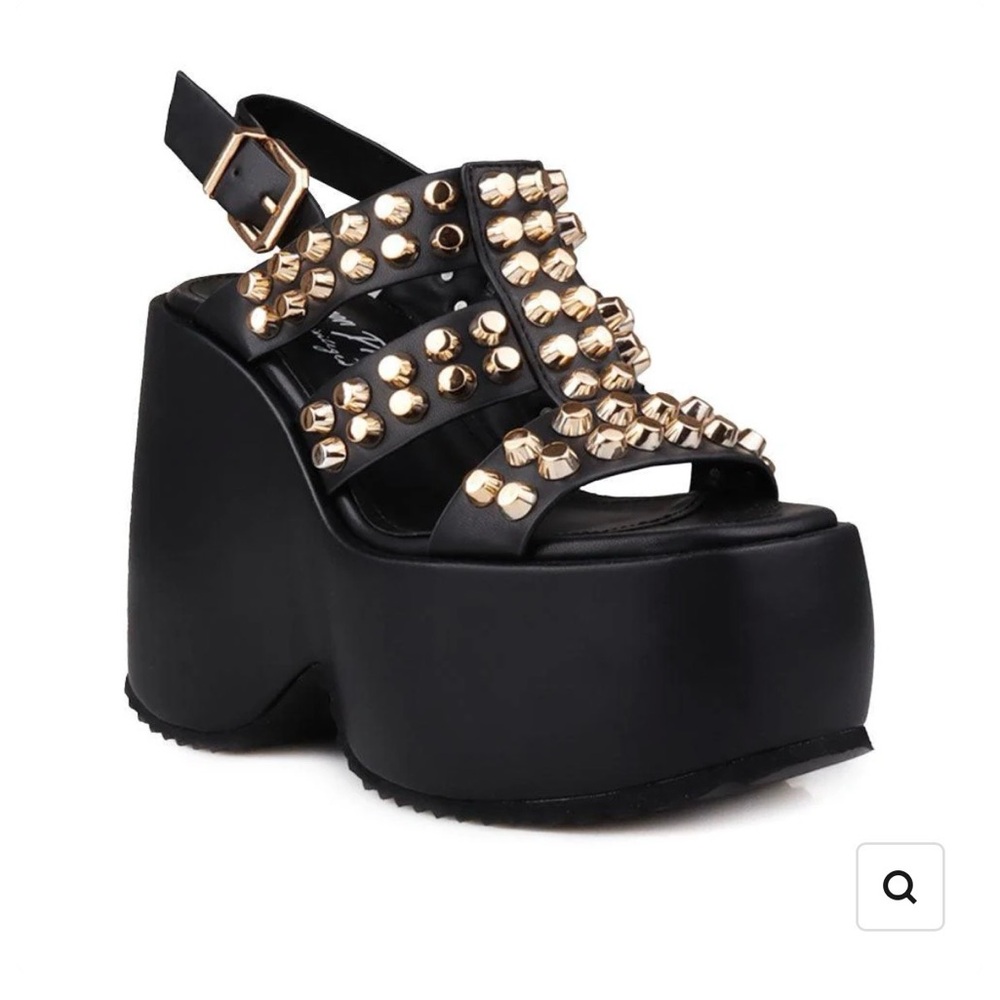 Lemon Drop - London Black and Gold Studded Platform Sandals